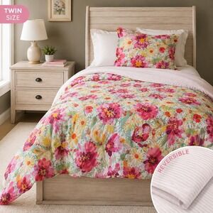 Opalhouse Twin Duvet Cover Pink Yellow Floral Reversible Stripe 100% Cotton Boho